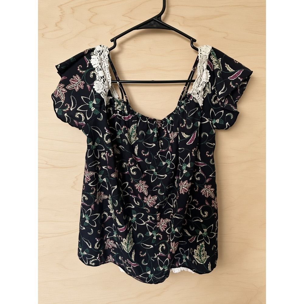 Papaya Womens L Black Floral Off Shoulder Top Crochet Lace Boho
